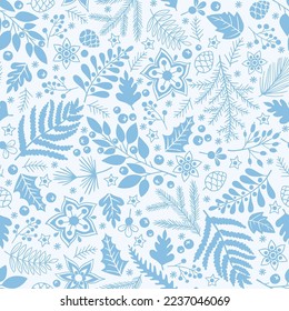 Christmas floral seamless pattern. Vector hand drawn doodle floral elements. Winter ornament for textile, wallpaper, wrapping paper.