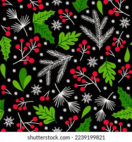 Patrón floral de Navidad sin costuras. Elementos florales de doodle dibujados a mano por vectores. Ornamento invernal para textiles, papel pintado, papel de envoltura.