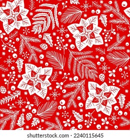 Patrón floral de Navidad sin costuras. Elementos florales de doodle dibujados a mano por vectores. Ornamento invernal para textiles, papel pintado, papel de envoltura.