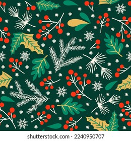 Christmas floral seamless pattern. Vector hand drawn doodle floral elements. Winter ornament for textile, wallpaper, wrapping paper.