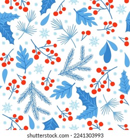 Christmas floral seamless pattern. Vector hand drawn doodle floral elements. Winter ornament for textile, wallpaper, wrapping paper.