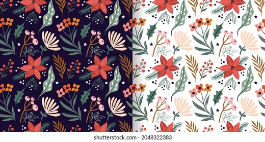 Christmas floral seamless patterns set, seasonal flowers and plants,  elegant winter design