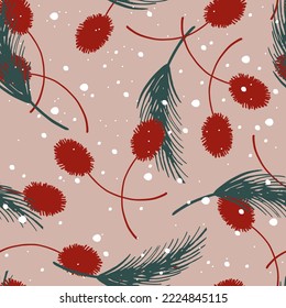 Christmas floral seamless vector pattern. Template for wrapping paper, textile, wallpaper, invitation, card, banner, social media, poster, menu, cover, uniform, clothing