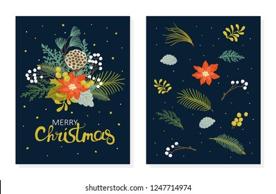 Christmas floral set of cards with flowers poinsettia, leaves, branches, dried lotus and text Merry Christmas. Vector holiday illustration in retro style on dark blue background.
