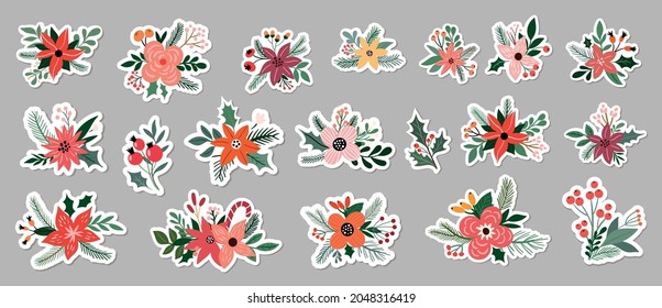 Christmas floral stickers big collection, different bouquets, seasonal flowers and plants arrangements