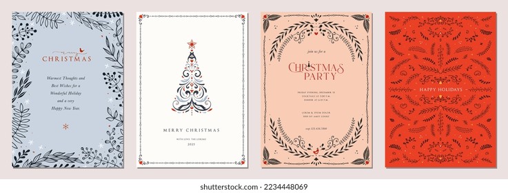 Christmas floral templates. Universal Winter Holiday cards with decorative Christmas Tree, ornate background and frame with copy space, birds and greetings. Vector