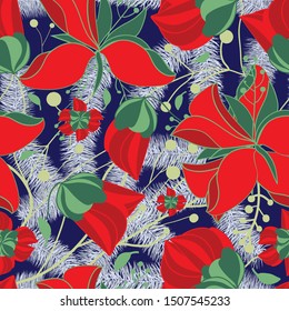Christmas floral vector seamless repeat pattern perfect for Christmas or holiday season and sutable for giftwrap,packaging,stationary products,greeting card backgrounds fabrics and textiles.