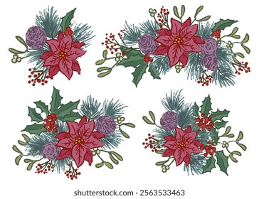 Christmas floral vector set of bouquet arrangings. Spruce, pine cones, poinsettia, mistletoe, holly and red berries