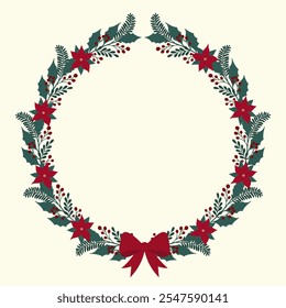 Christmas floral wreath with a bow isolated on light background