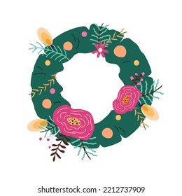 Christmas floral wreath decorated with flowers, berries, branches. Xmas fir circle with festive decoration. Flat design vector illustration isolated on white background