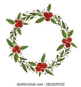 Christmas floral wreath with holly berry. Modern design for Holidays invitation card,  poster, banner, greeting card, postcard, packaging, print. Vector illustration. 