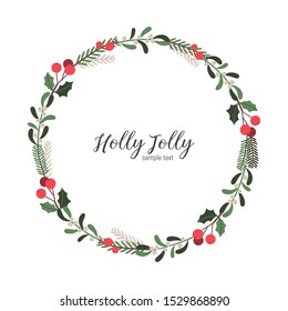 Christmas Floral Wreath With Holly, Mistletoe, Spruce Branches Isolated On White Background. Vector Holiday Illustration. New Year Decoration. 