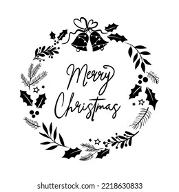 Christmas floral wreath. Merry Christmas greeting badge vector. Perfect design for greeting cards, posters, T-shirts, banners, print invitations. Vector hand drawn Christmas card.