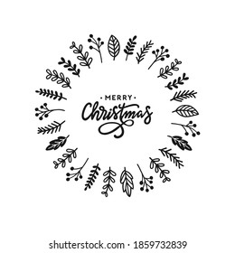 Christmas floral wreath. Merry Christmas handwritten calligraphy. Vector illustration.