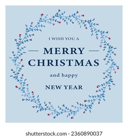 Christmas floral wreath. Round frame for modern design,  Holidays invitation card, poster, banner,  postcard, packaging, greeting card, print. Decorative elements. Vintage and rustic styles. Vector 