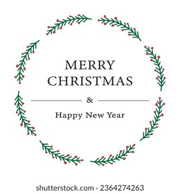 Christmas floral wreath. Round frame for modern design,  Holidays invitation card, poster, banner,  postcard, packaging, greeting card, print. Decorative elements. Vintage and rustic styles. Vector 