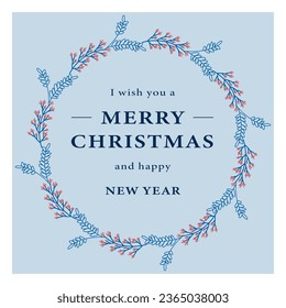 Christmas floral wreath. Round frame for modern design,  Holidays invitation card, poster, banner,  postcard, packaging, greeting card, print. Decorative elements. Vintage and rustic styles. Vector 