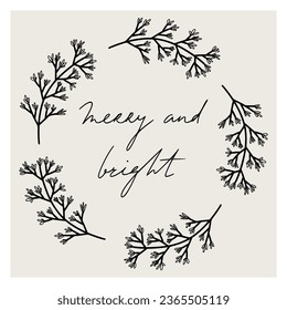 Christmas floral wreath. Round frame for modern design,  Holidays invitation card, poster, banner,  postcard, packaging, greeting card, print. Decorative elements. Ink, vintage and rustic styles.