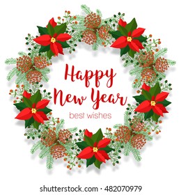 Christmas floral wreath, round frame, blank banner, poinsettia clip art, flat style vector illustration isolated on white background. Happy New Year and best wishes text