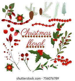 Christmas floral wreath winter set floret holiday elements vector leaf flower design illustration wreath. Winter vintage collection painted plants decorations poinsettia, berry, branchlets, fir cone.