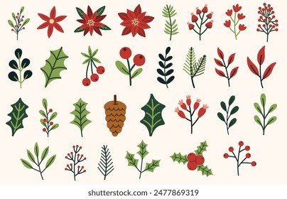 Christmas florals and foliage elements set. Holly, winterberries, eucalyptus, pine cone, mistletoe, poinsettia. Buildable decorative and festive floral arrangement. Hand drawn vector illustrations.