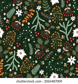 Christmas florals. Seamless pattern with berries, poinsettia flowers, and christmas tree branshes. For wrapping paper, fabric, stationary products decoration.