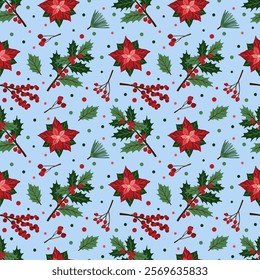 Christmas florals seamless pattern with hand drawn poinsettia, fir branches,  holly berries. Winter botanical background for wrapping paper, fabric, stationary products decoration. Vector illustration