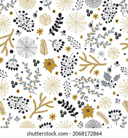Flores de Navidad y copos de nieve. Patrón sin foco con bayas, flores de poinsettia y ramas de árboles de navidad. Para envolver papel, tela, productos fijos y decoración.
