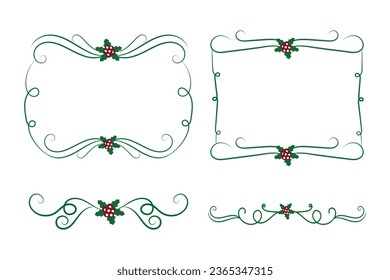 Christmas Flourishes Swirls dividers lines Decorative Elements, Vintage Calligraphy Scroll Merry Christmas blue and red holly ornaments, Winter Holly headers lettering border page decor green Ornate 