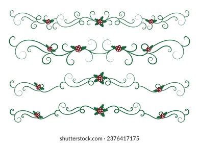 
Christmas Flourishes Swirls dividers lines Decorative Elements, Vintage Calligraphy Scroll Merry Christmas text divider filigree elegant, Winter Holly headers fancy separator green page decor 