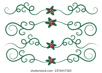 
Flouriers de Navidad Líneas divisorias de torbellino Elementos decorativos, caligrafía de época Desplazar Feliz Navidad divisor de texto elegante, cabeceras de invierno Holly lujosas separadores decoración de página verde 