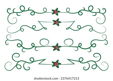 
Christmas Flourishes Swirls dividers lines Decorative Elements, Vintage Calligraphy Scroll Merry Christmas text divider filigree elegant, Winter Holly headers fancy separator green page decor 
