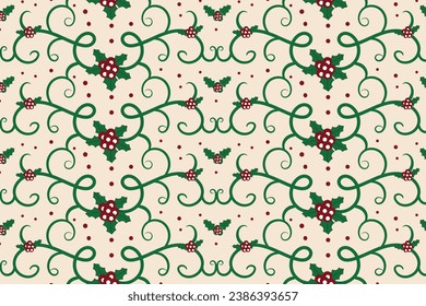 
Christmas flourishes swirls holly leaves Seamless Pattern, winter vibes berry leaf modern Christmas pattern, holiday green ornate Christmas pattern, wrapping paper holiday holly printing fabric 