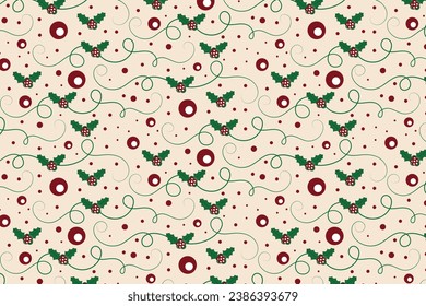 
Christmas flourishes swirls holly leaves Seamless Pattern, winter vibes berry leaf modern Christmas pattern, holiday green ornate Christmas pattern, wrapping paper holiday holly printing fabric 
