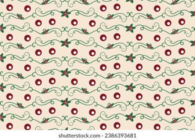 
Christmas flourishes swirls holly leaves Seamless Pattern, winter vibes berry leaf modern Christmas pattern, holiday green ornate Christmas pattern, wrapping paper holiday holly printing fabric 