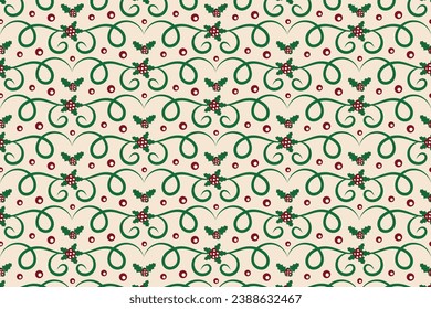 Christmas flourishes swirls holly leaves Seamless Pattern, winter vibes berry leaf modern Christmas pattern, holiday green ornate Christmas pattern, wrapping paper holiday holly printing fabric 