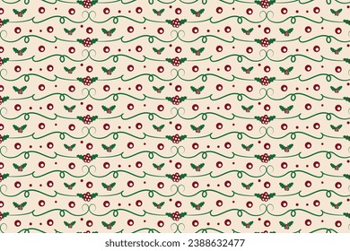 Christmas flourishes swirls holly leaves Seamless Pattern, winter vibes berry leaf modern Christmas pattern, holiday green ornate Christmas pattern, wrapping paper holiday holly printing fabric 