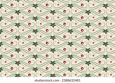 Christmas flourishes swirls holly leaves Seamless Pattern, winter vibes berry leaf modern Christmas pattern, holiday green ornate Christmas pattern, wrapping paper holiday holly printing fabric 