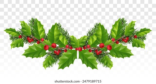 Christmas flower and branches. Christmas festival, New year invitation, or greeting cards.Holly with red berries. Eps 10