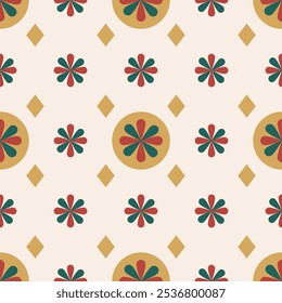 Christmas flower in circle and gold diamond all-over around seamless pattern vector for wrapping paper , paper gift and wallpaper decorate on winter.