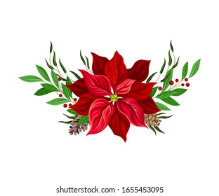 Christmas Flower Composition with Berries Twigs and Cone Firs Vector Illustration