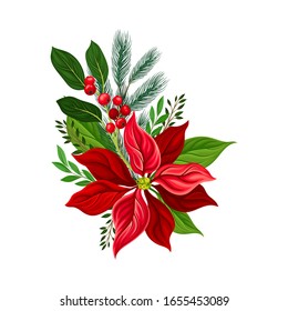 Christmas Flower Composition with Fir Tree Twig and Red Currant Branch Vector Illustration