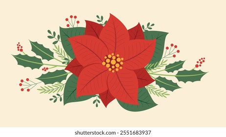 Christmas flower composition with winter plants and berries vector illustration