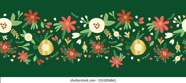 Christmas flower garland seamless vector border. Flat Scandinavian style florals and leaves with metallic gold foil elements. Elegant hand drawn Holiday design for card decor, ribbon, party invite