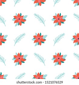 Christmas flower patterns seamless background with poinsettia Simple New Year fabric design template Vector