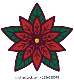 Christmas flower Poinsettia flat vector illustration. Holiday decoration symbol. Red cute flower