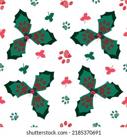 Christmas flower poinsettia. Made of paw prints seamless happy holiday and winter design fabric design pattern