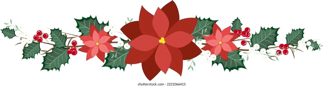 Christmas flower poinsettia with red berries and mistletoe. Christmas farme for home decoration.