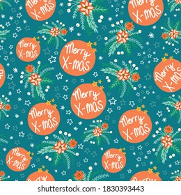 Christmas flower seamless vector pattern seamless. Repeating Christmas background with poinsettia flowers and stars blue green red. Use for gift wrap, holiday greeting cards, gift bags, fabric