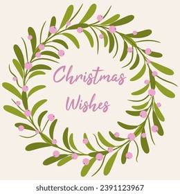 Christmas flower wreath card design. Holiday poster with berries, flowers and quote Merry Christmas. Winter season flyer illustration. Stock vector brochure